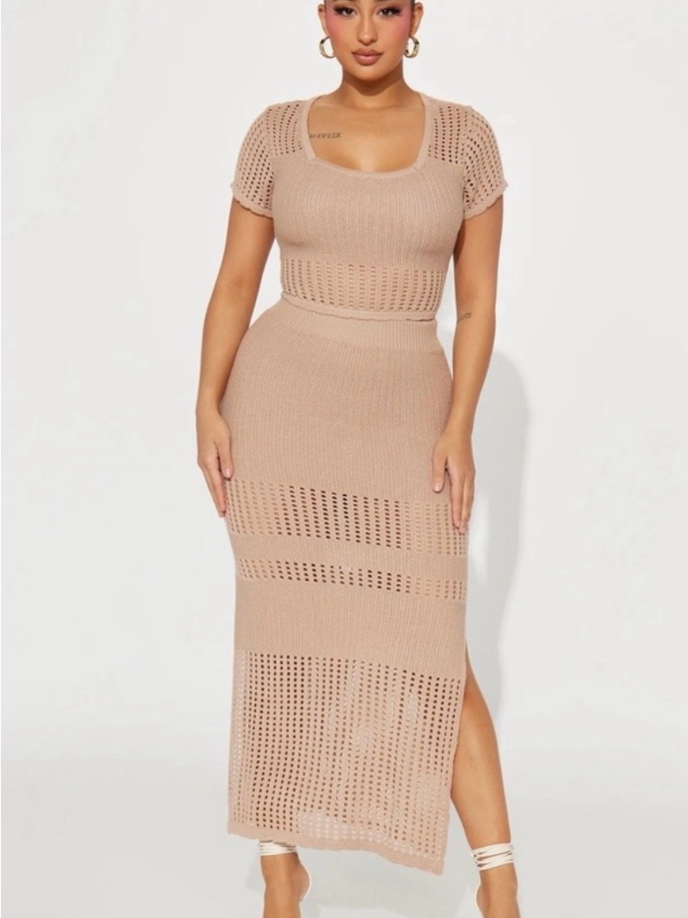 Knit Midi Dress in Nude - Women's Square Neck Dress